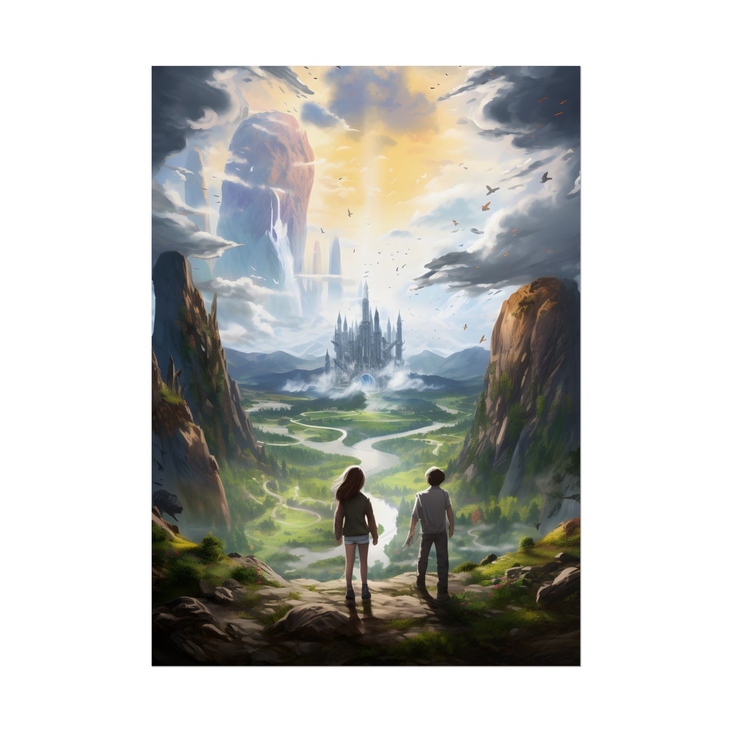 Girl and Boy in Serene Meadow: A Moment on Cloudy Hill - Poster
