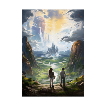 Girl and Boy in Serene Meadow: A Moment on Cloudy Hill - Poster