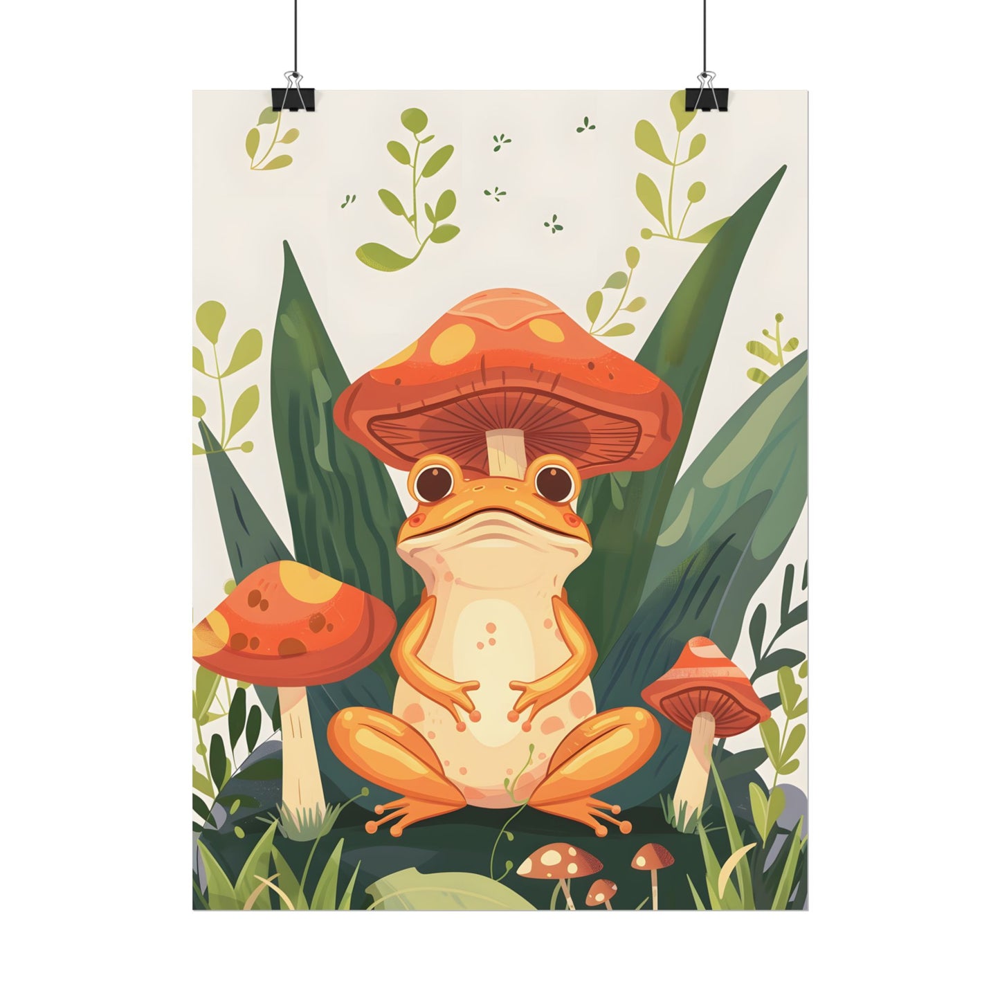 Retro Whimsy: Frog & Mushrooms in Close-Up Charm - Poster