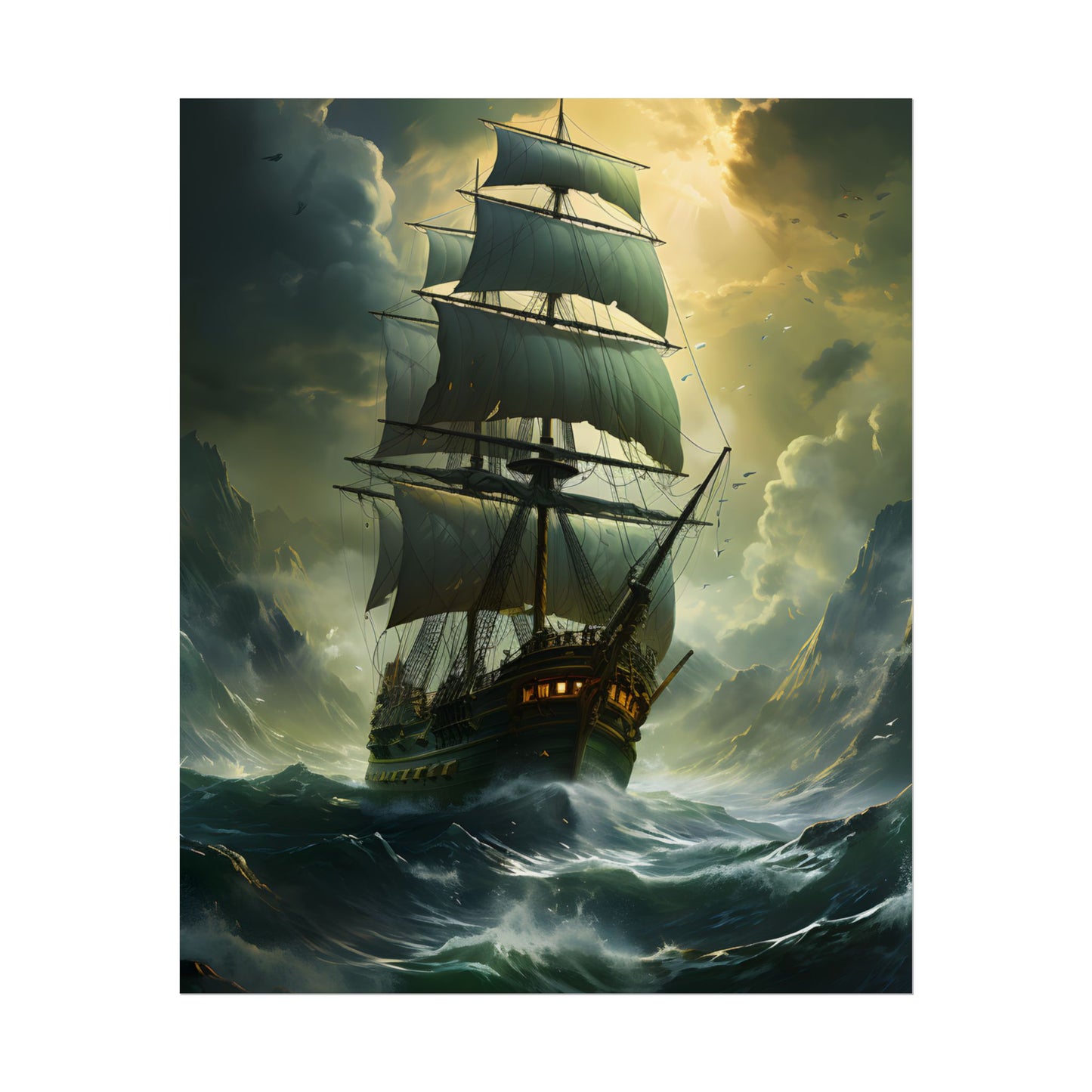 Green Realism: Majestic Ship Oil Painting - Poster