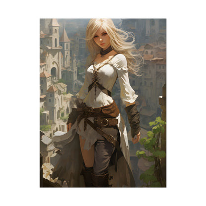Anime Bird's Eye View Portrait: Blonde Beauty in Motion - Poster