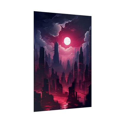 Burning Cyberpunk Cityscape: Digital Artwork at Night - Poster