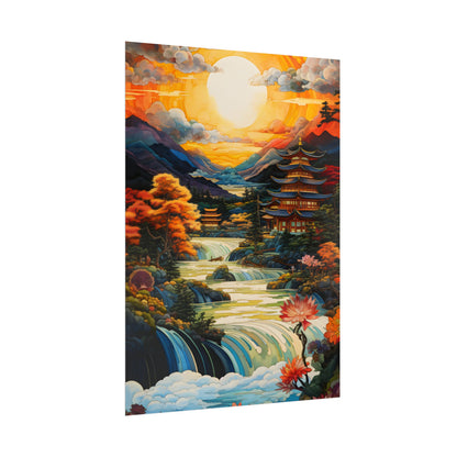 Peaceful Japanese River Landscape with Flowers: Serene Artwork - Poster