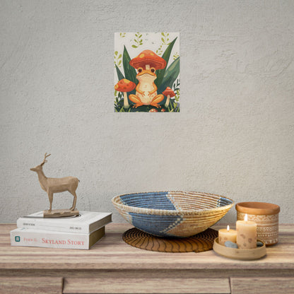 Retro Whimsy: Frog & Mushrooms in Close-Up Charm - Poster