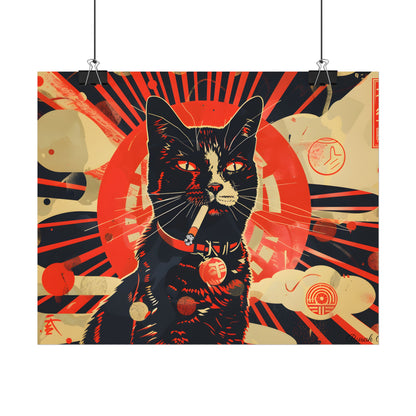 Vintage Whimsy: Cat Smokes Cigarette on Blue Background - Poster