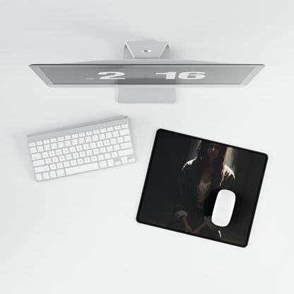 Serene Moment: Digital Artwork of a Person in Front of a Building with Trees - Desk Mat