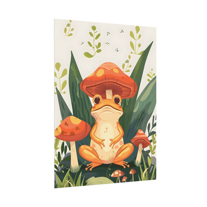 Retro Whimsy: Frog & Mushrooms in Close-Up Charm - Poster