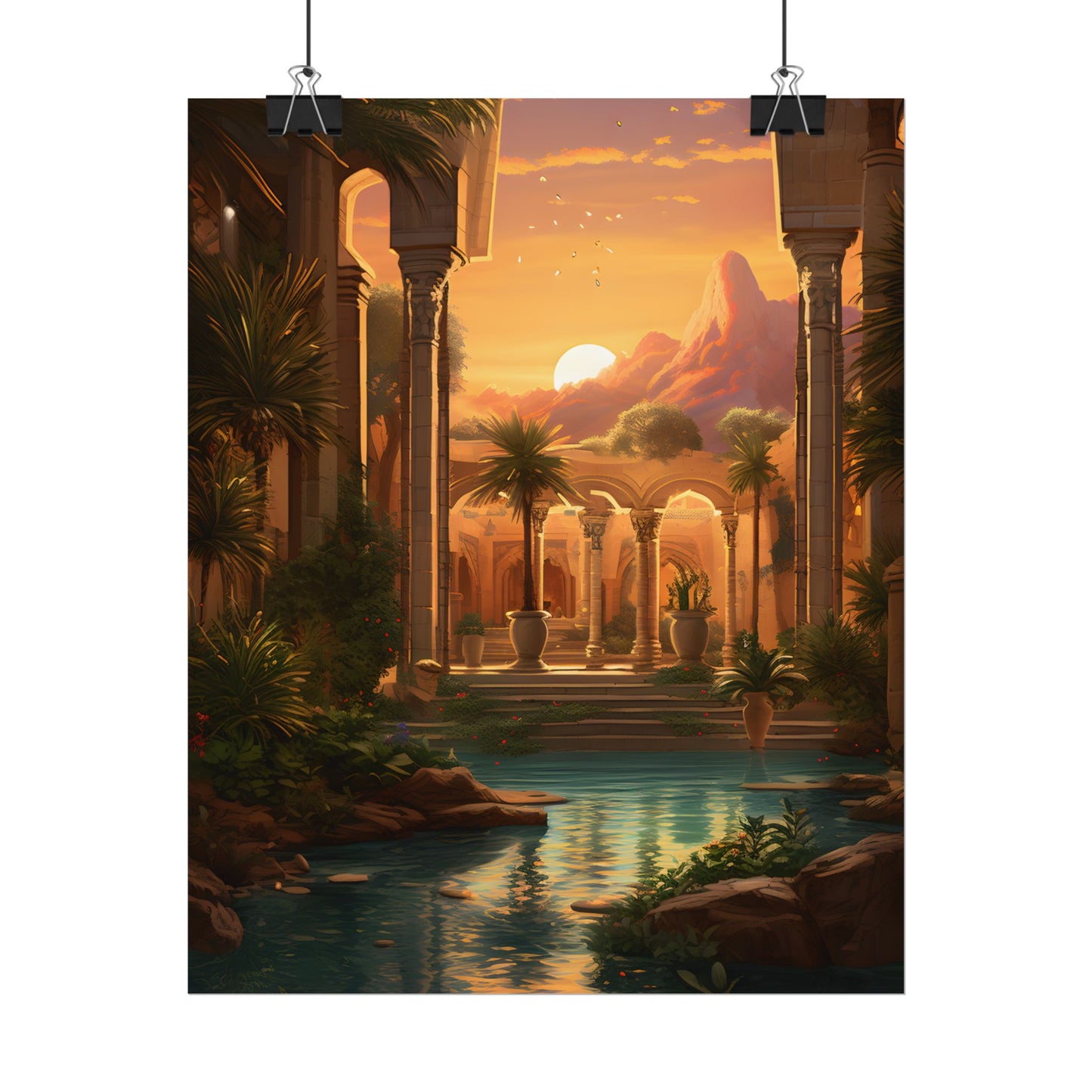 Desert Oasis at Sunset: Magical Desert Artwork - Poster