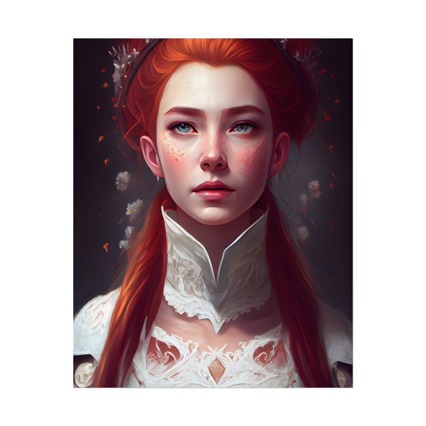 Soft Glow Redhead Portrait: Elegant Female Artwork in Dress - Poster