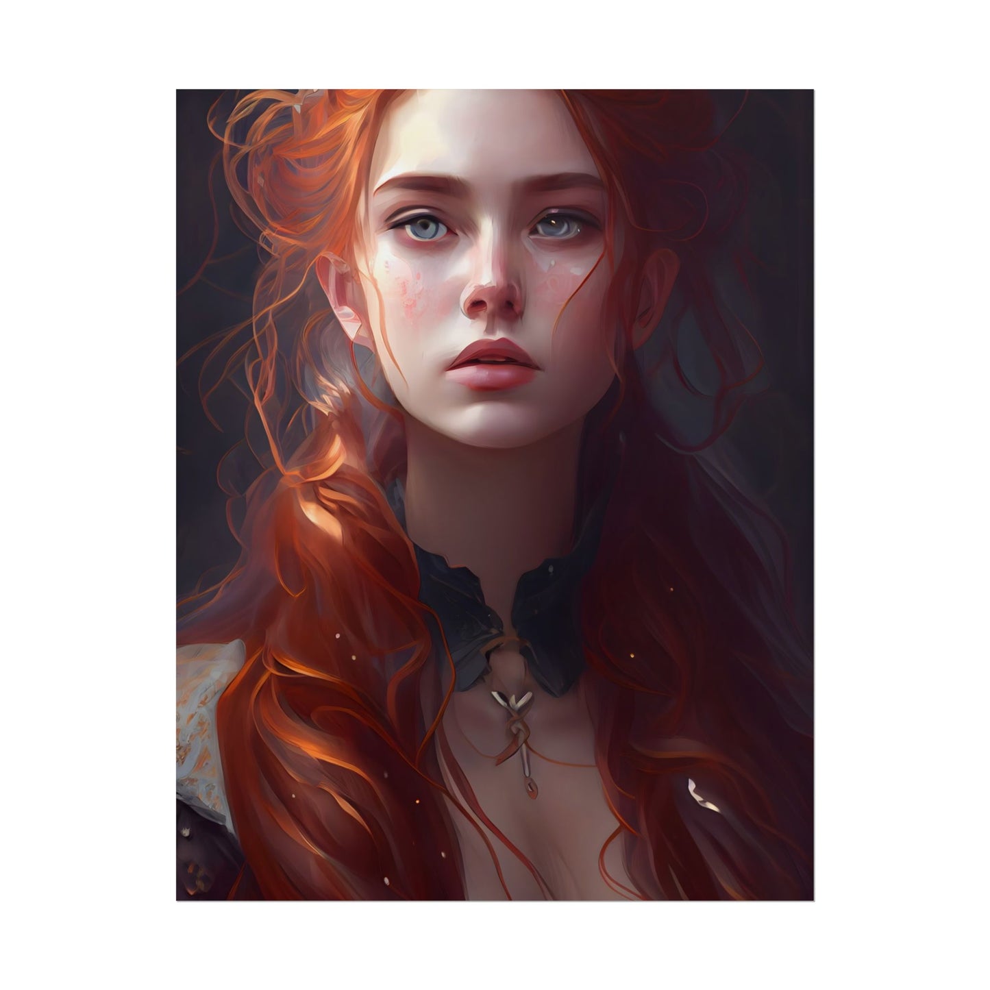 Elegant Redhead Portrait: Female Artwork in Dress - Poster