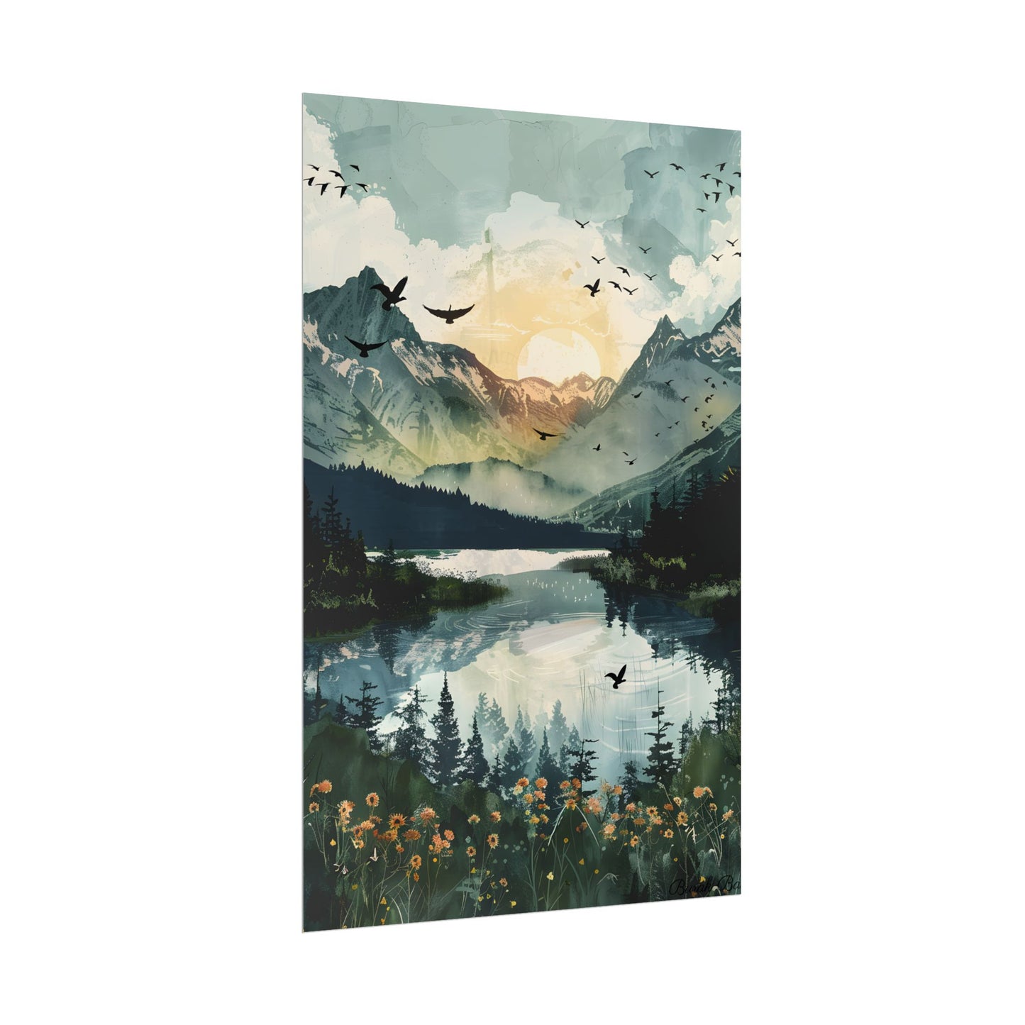 Serene Mountain Lake: Birds in Flight - Natural Art - Poster