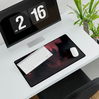 Dark Gothic Cityscape: A Serene Misty Dusk Scene - Desk Mat