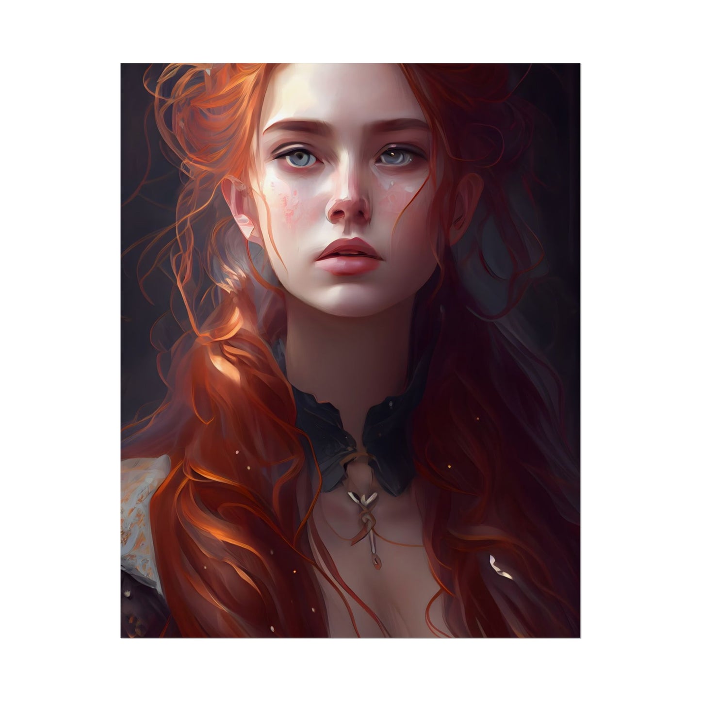 Elegant Redhead Portrait: Female Artwork in Dress - Poster