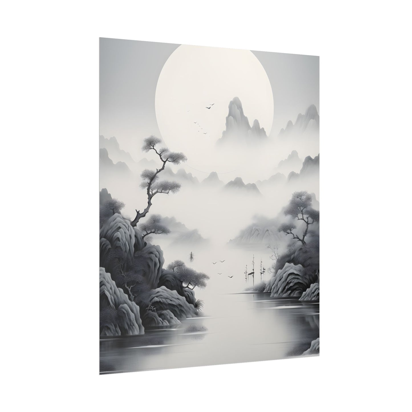 Chinese Ink Mirror Landscape: Serene Artwork - Poster