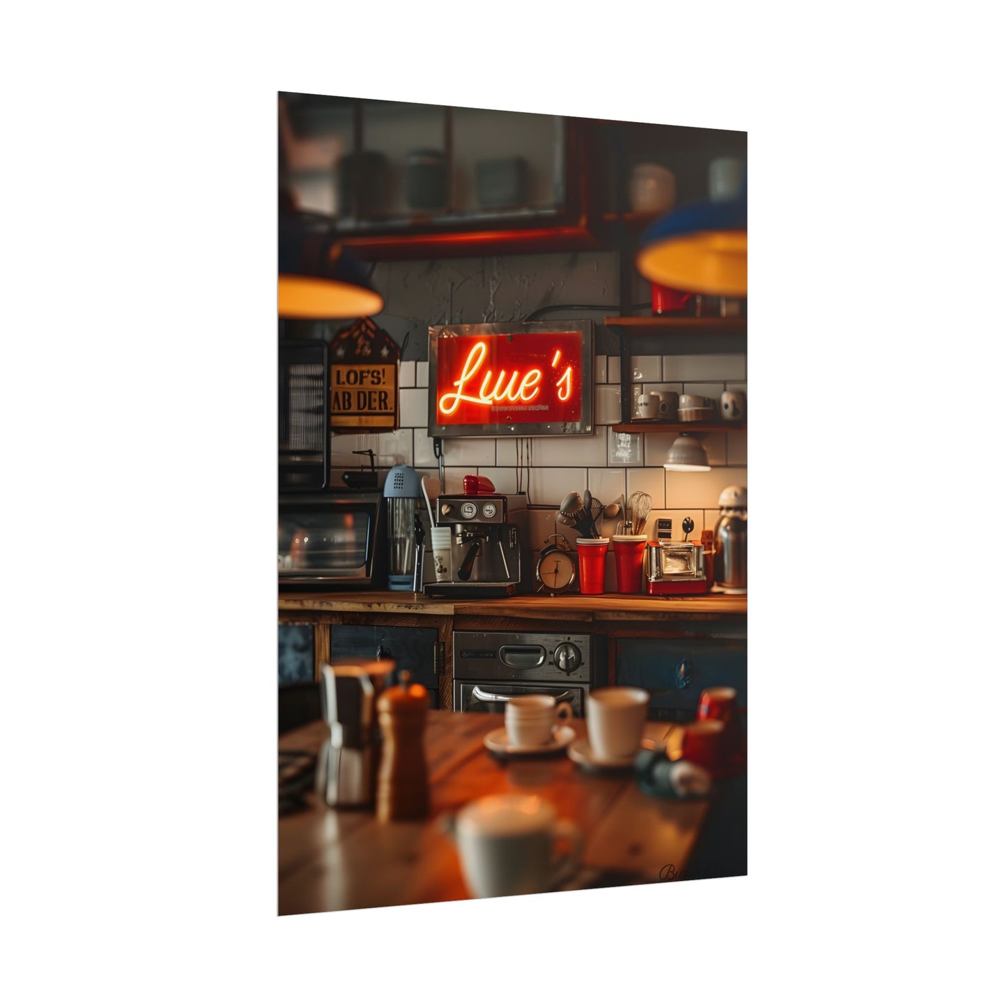 Cozy Retro Kitchen Artwork: Lukes Diner Sign Digital Art - Poster