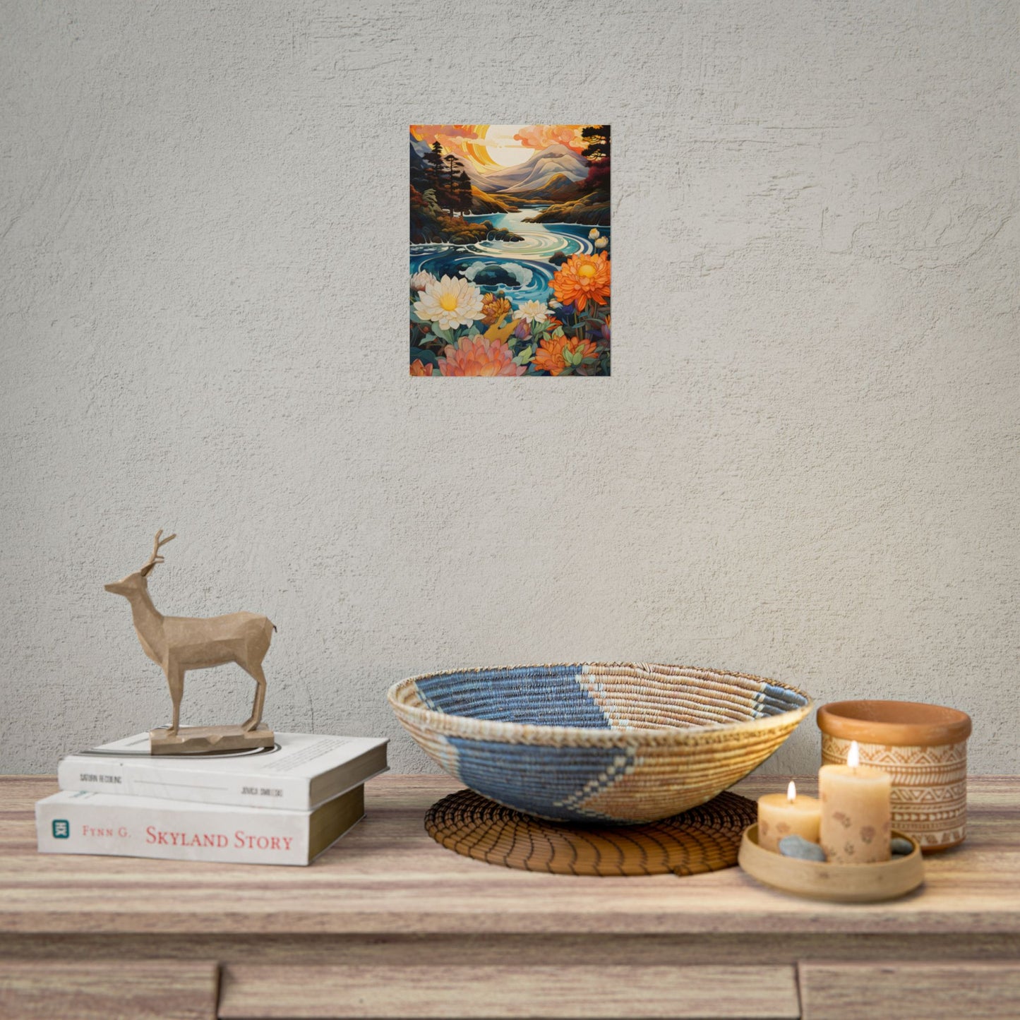 Peaceful River Landscape: Flowers Blooming - Poster