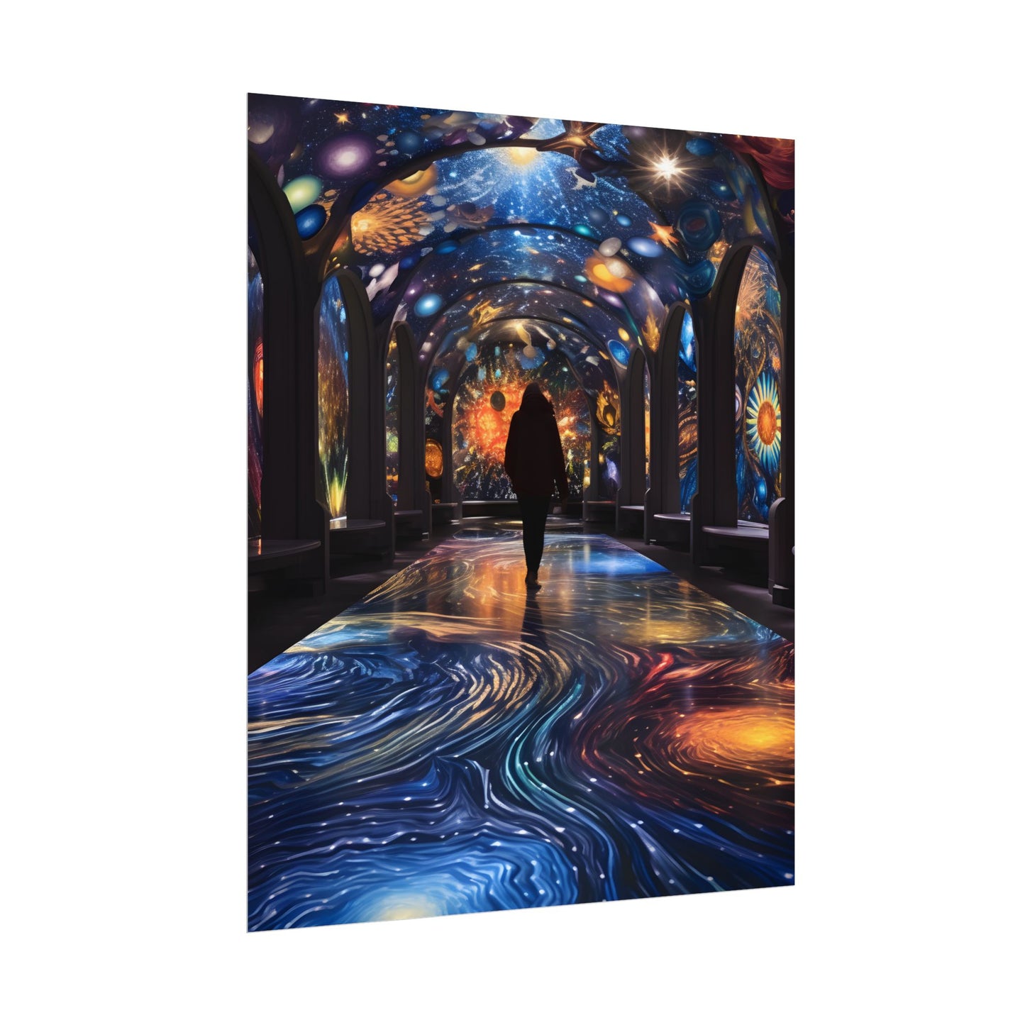 Celestial Art Gallery: Vibrant Space-Themed Artwork in a Colorful Interior - Poster