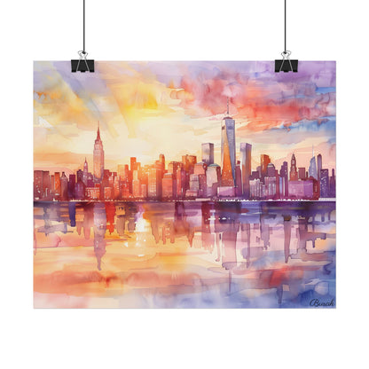 Watercolor Sunset New York City Skyline: Beautiful Artwork - Poster