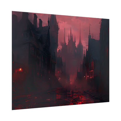 Dark Gothic Cityscape: A Serene Misty Dusk Scene - Poster