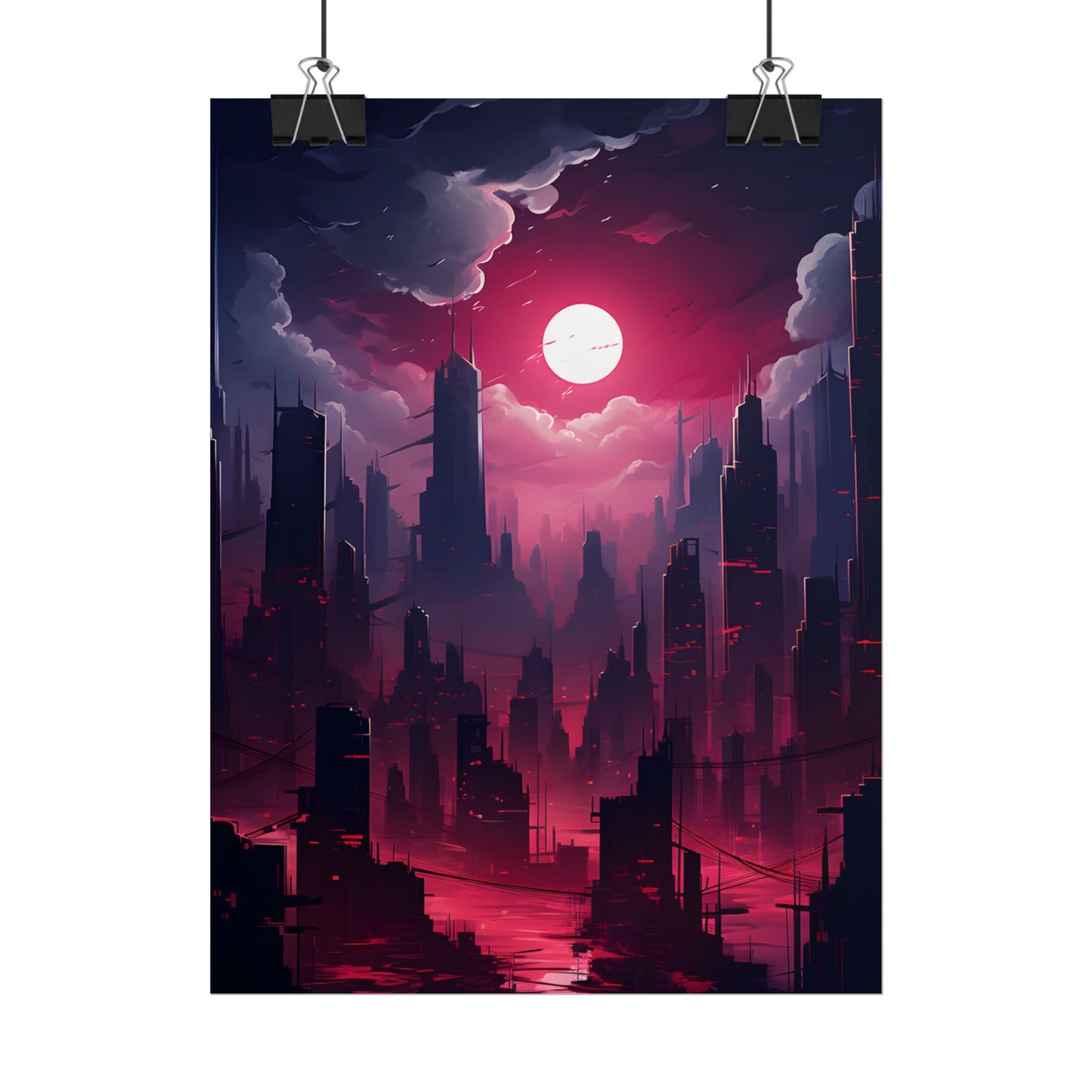Burning Cyberpunk Cityscape: Digital Artwork at Night - Poster