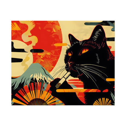 Whimsical Cat Smoking: Red & White Stripe Artwork - Poster