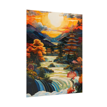 Peaceful Japanese River Landscape with Flowers: Serene Artwork - Poster