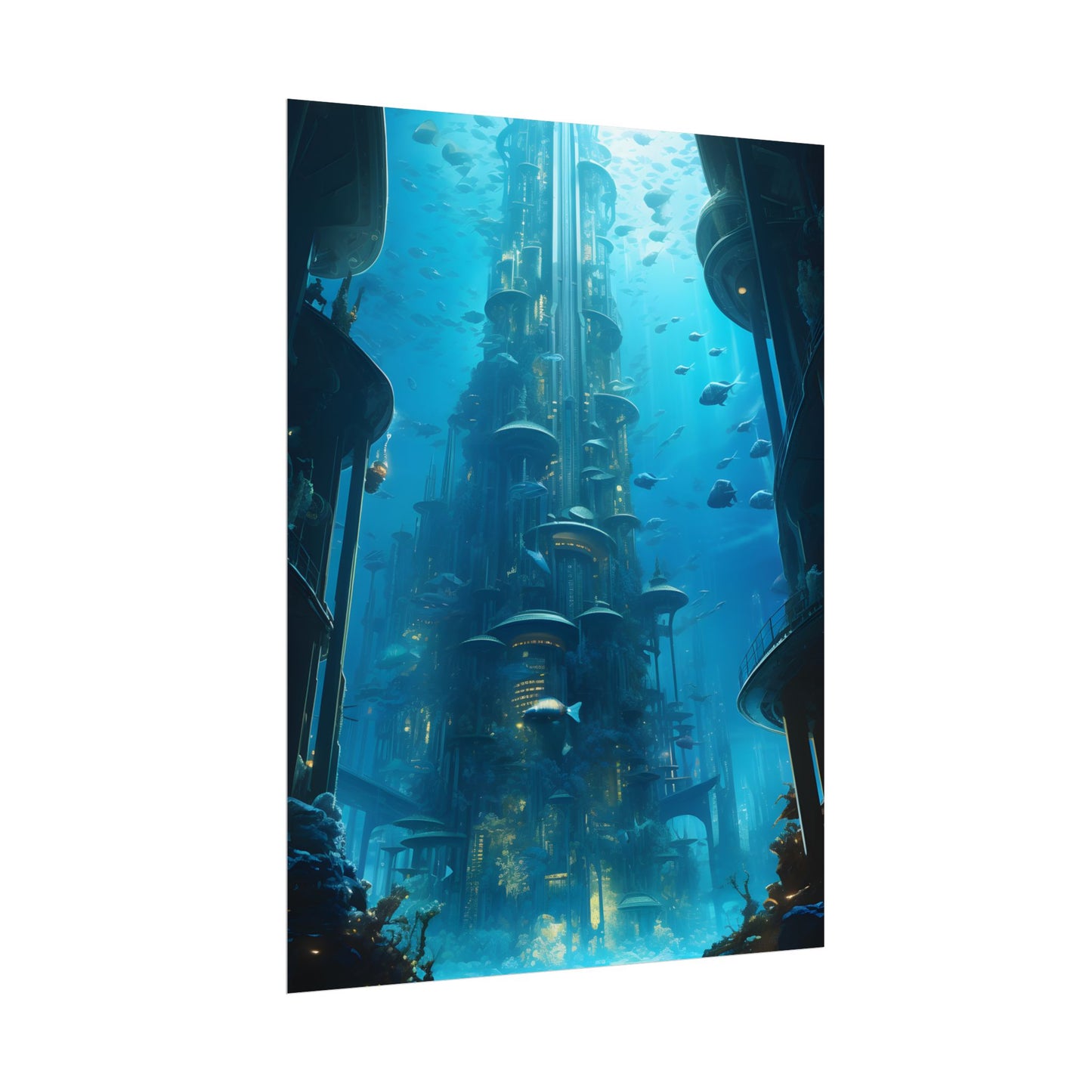 Future Metropolis: Underwater Cityscape Digital Art - Poster