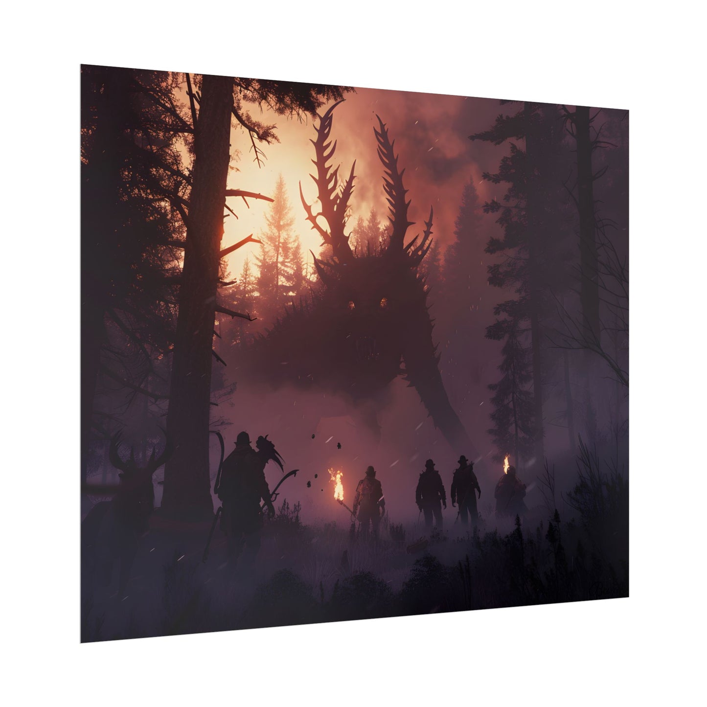 Serene Forest Sunset: Group Walking Through Misty Landscape - Poster