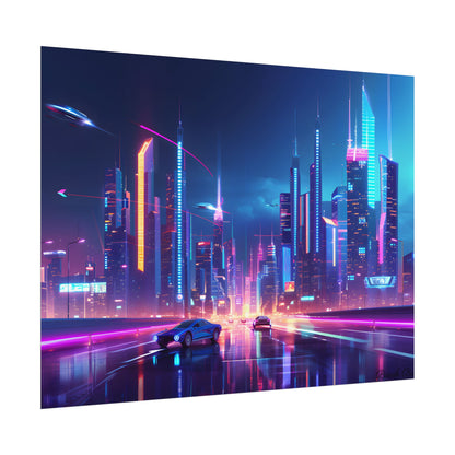 Futuristic City Glow: Neon Lights Digital Art - Poster