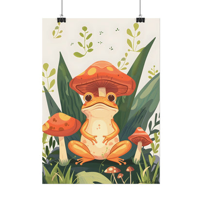 Retro Whimsy: Frog & Mushrooms in Close-Up Charm - Poster