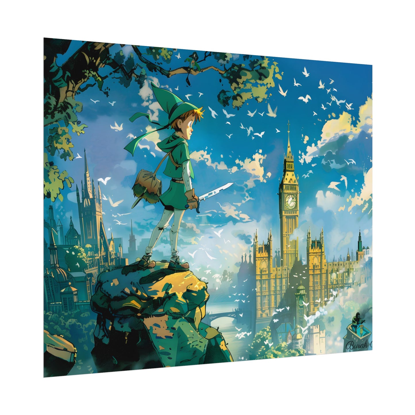 Whimsical Boy in Green: Colorful Illustration Artwork - Poster