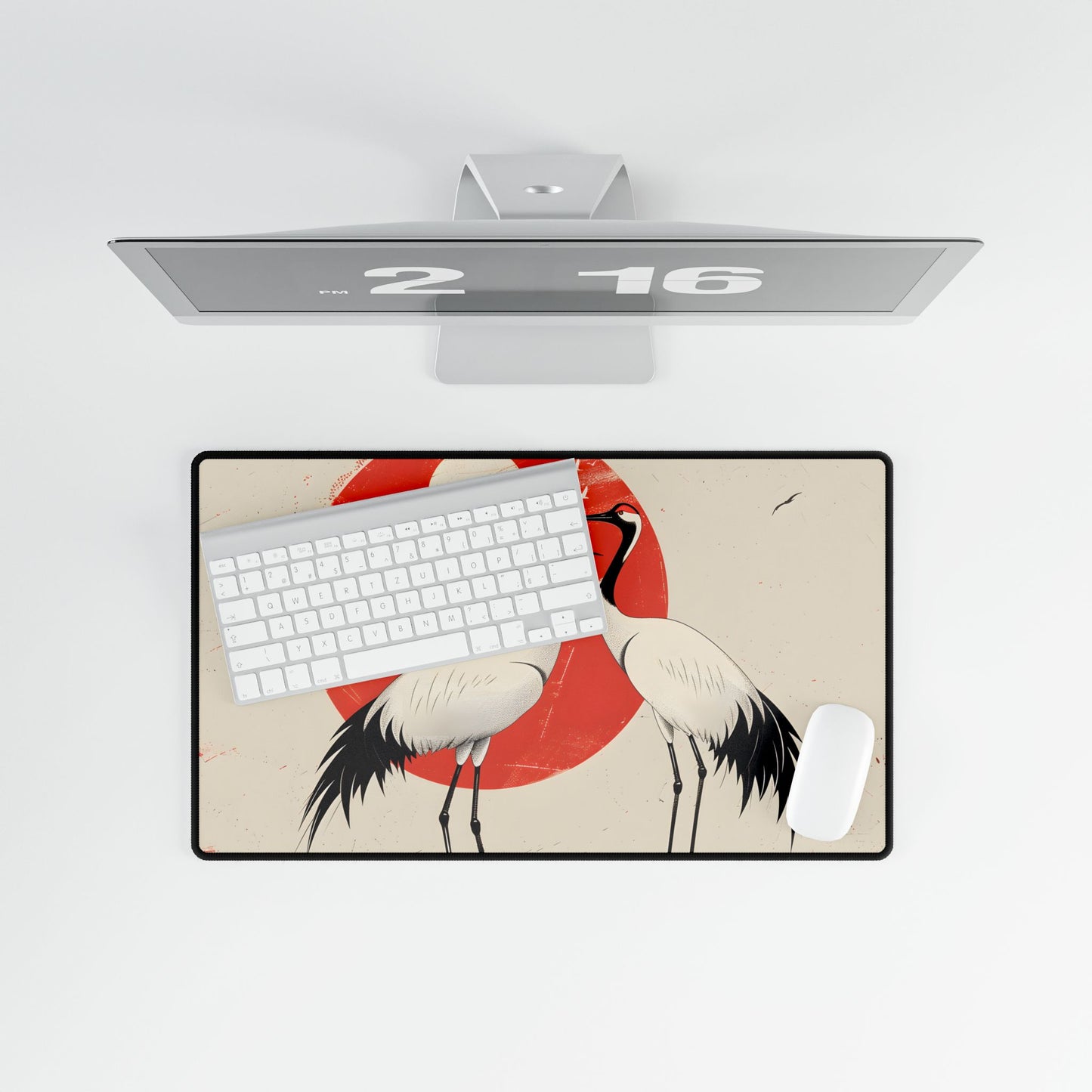 Serene Wildlife Sanctuary: Cranes in Red Nature Scene Art - Desk Mat
