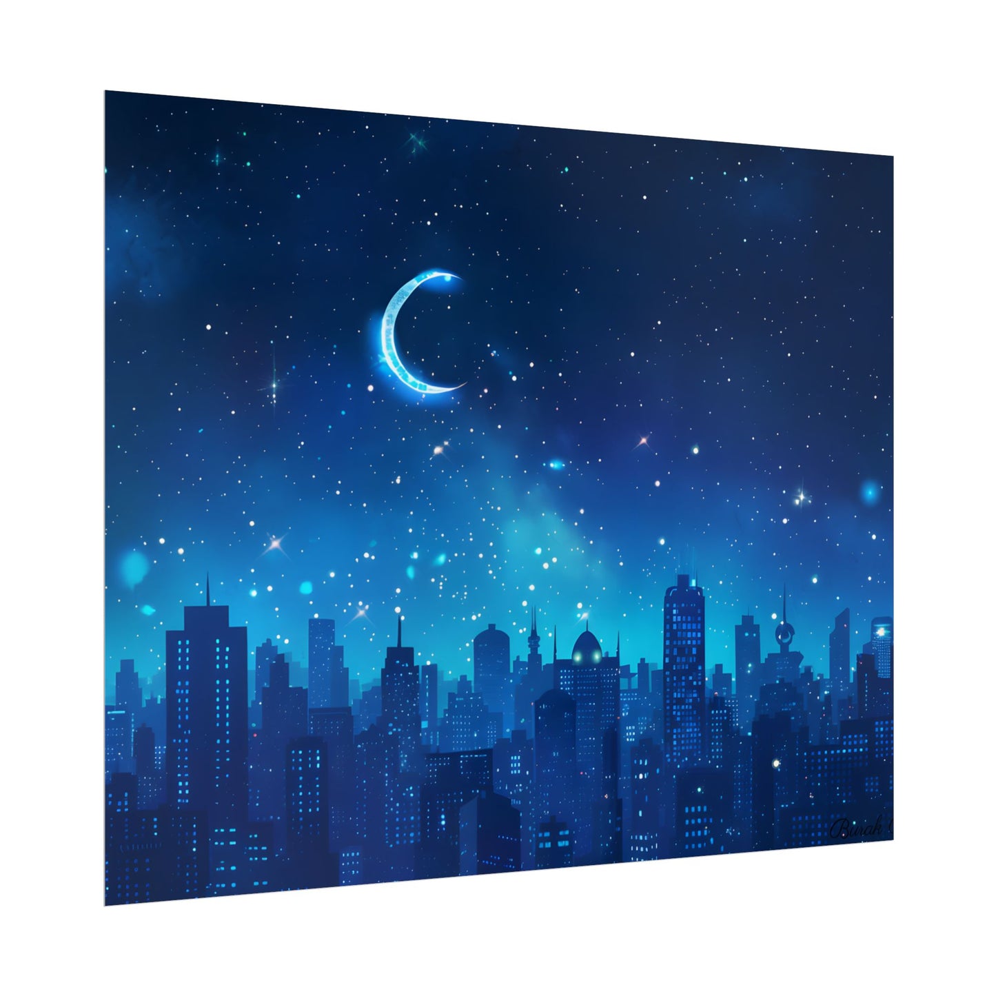 Peaceful Night Sky with Crescent Moon: Starry Digital Art - Poster