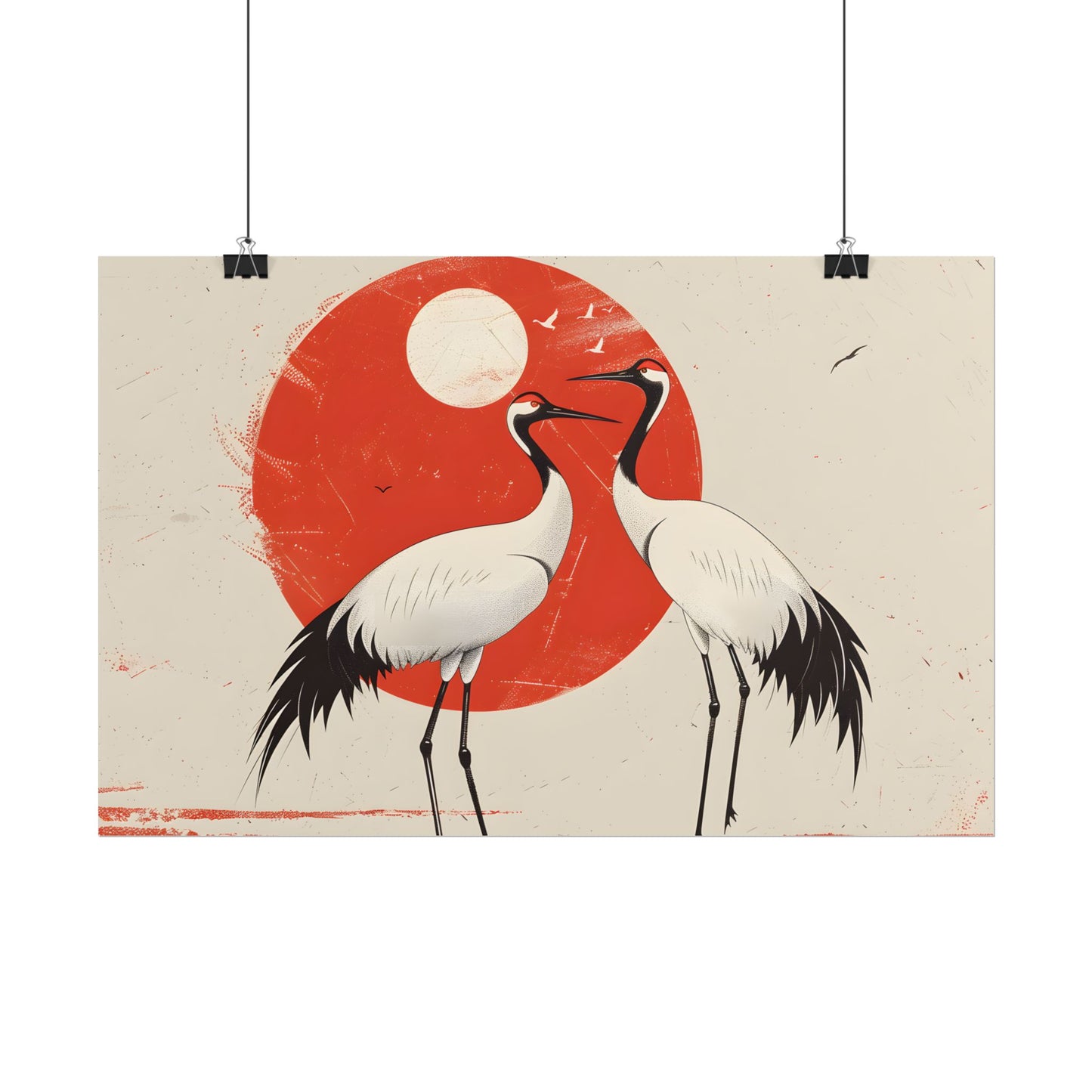 Serene Wildlife Sanctuary: Cranes in Red Nature Scene Art - Poster