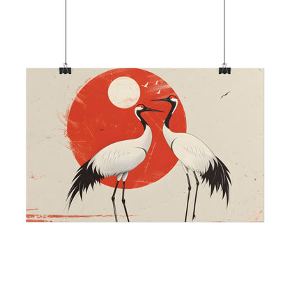 Serene Wildlife Sanctuary: Cranes in Red Nature Scene Art - Poster