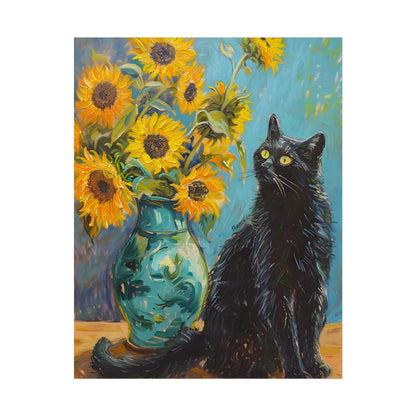 Whispers in the Garden: A Black Cat Among Sunflowers - Poster