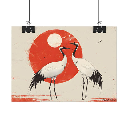 Serene Wildlife Sanctuary: Cranes in Red Nature Scene Art - Poster