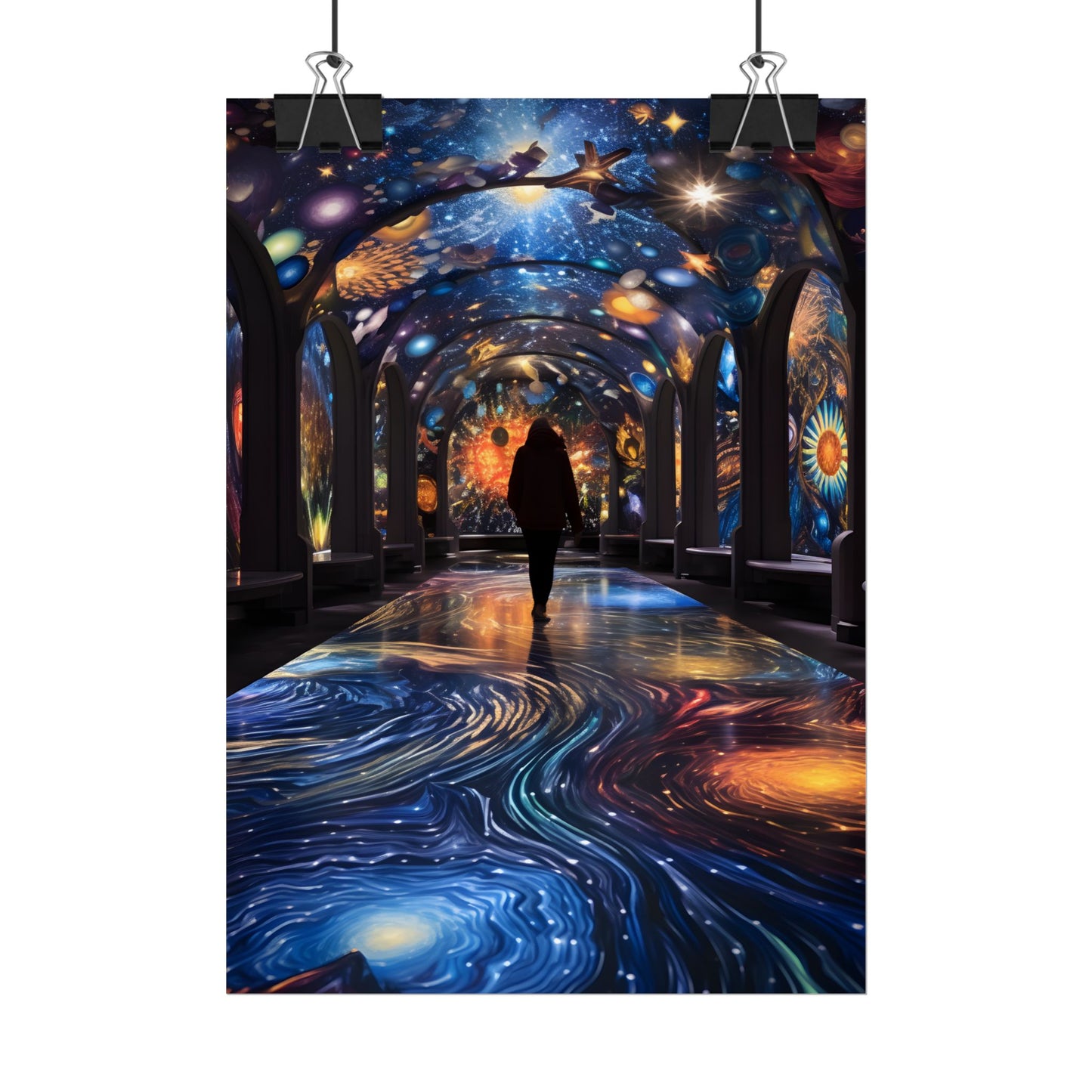 Celestial Art Gallery: Vibrant Space-Themed Artwork in a Colorful Interior - Poster