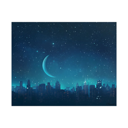 Starry Night Sky: Tranquil Dark Blue Scene with Crescent Moon - Poster