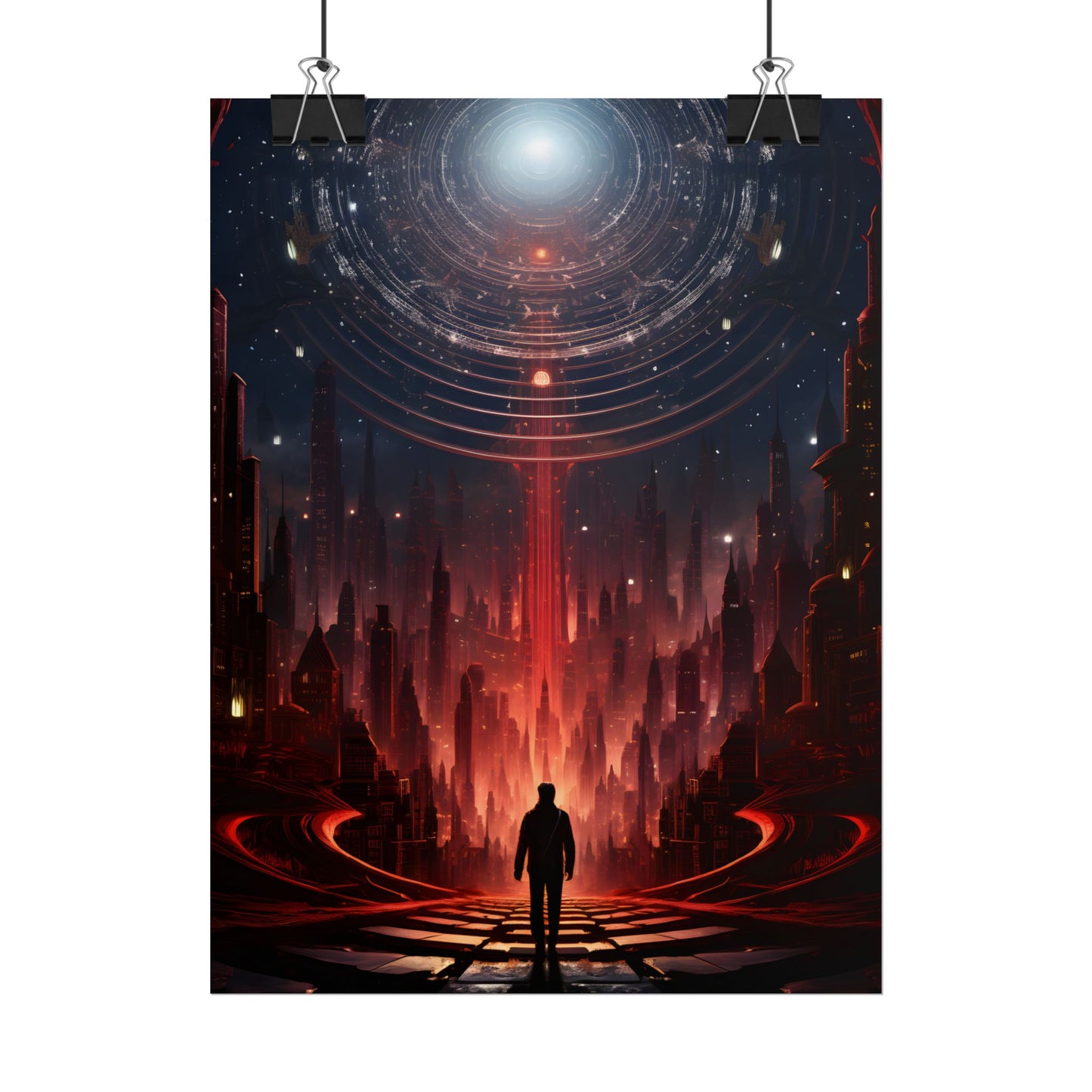 Futuristic Cityscape: Neon Sky Meets Nature's Harmony - Poster