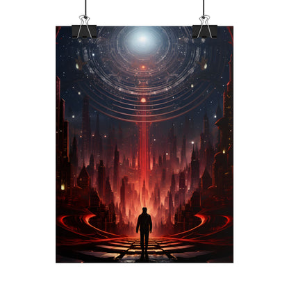 Futuristic Cityscape: Neon Sky Meets Nature's Harmony - Poster