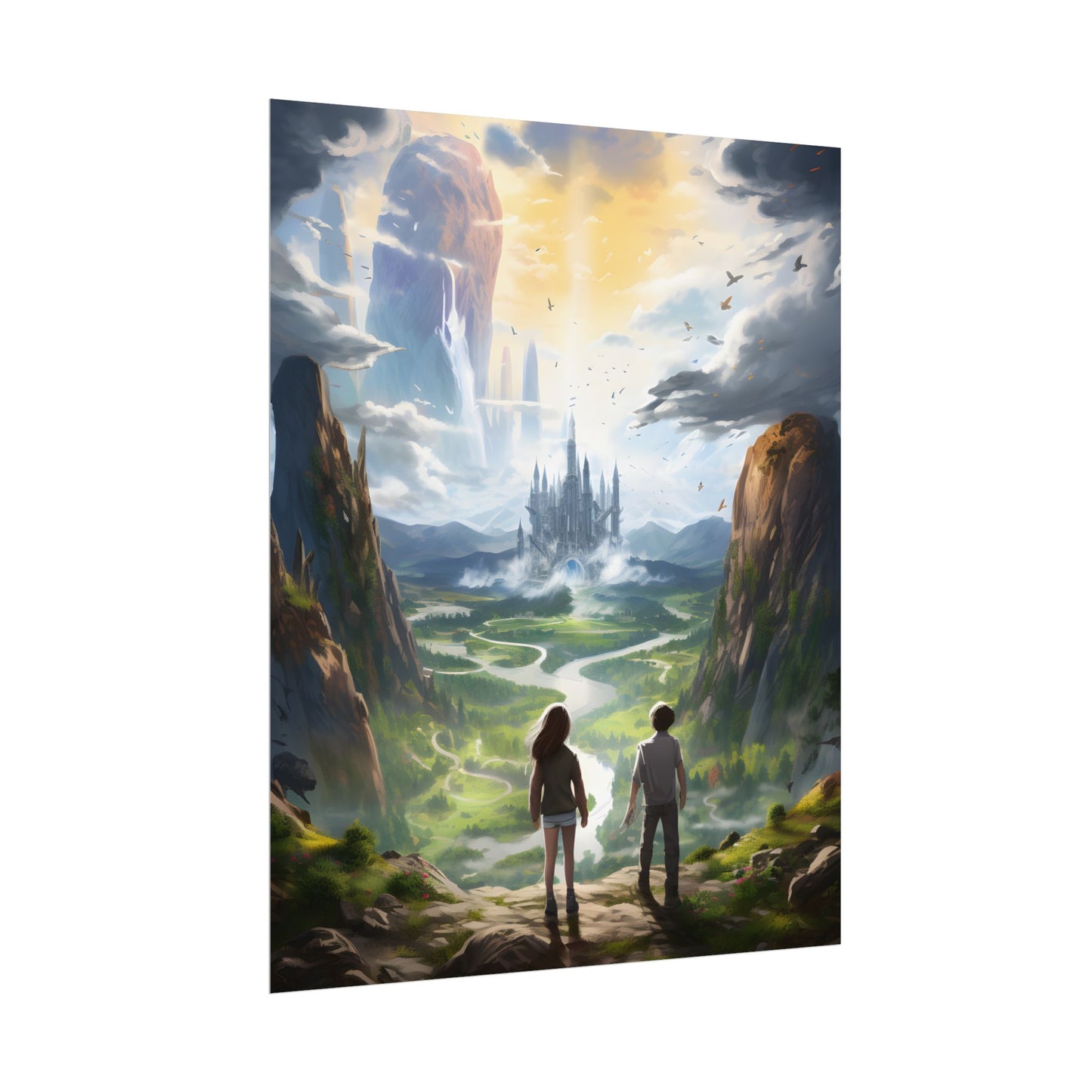 Girl and Boy in Serene Meadow: A Moment on Cloudy Hill - Poster