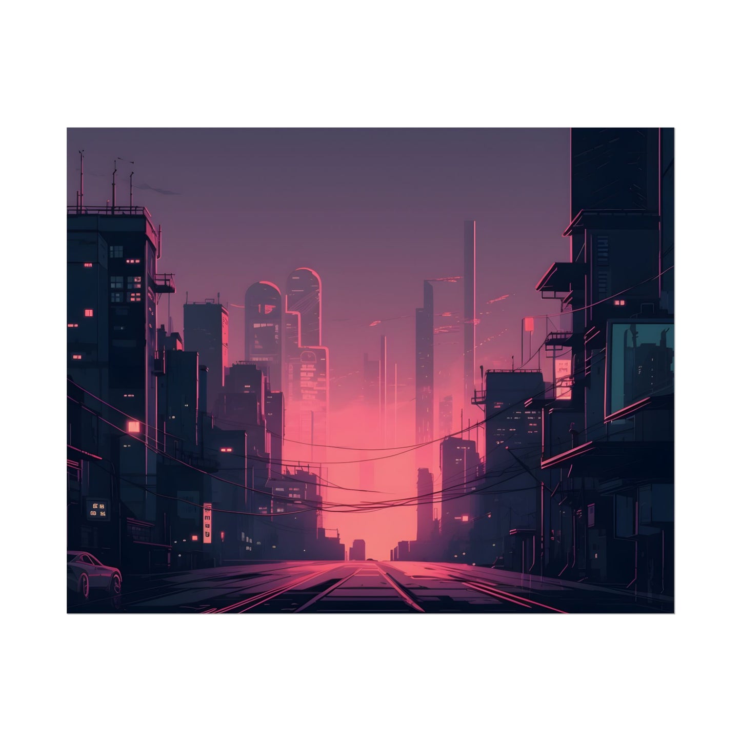 Cyberpunk Nighttime Cityscape: Melancholic Mood - Poster