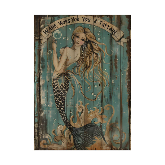 Vintage Whimsy Mermaid: Holding Soap Bubble Wand Artwork - Poster