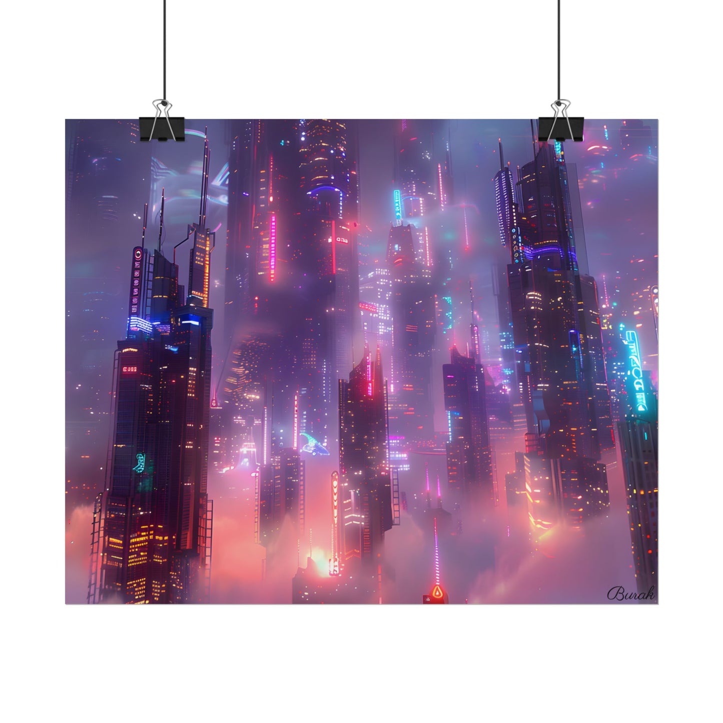 Neon Futuristic Cityscape: Graphic Modern Art - Poster
