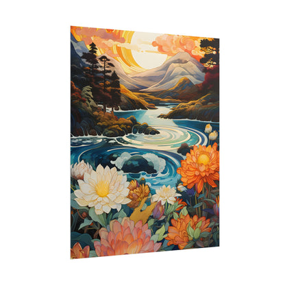 Peaceful River Landscape: Flowers Blooming - Poster