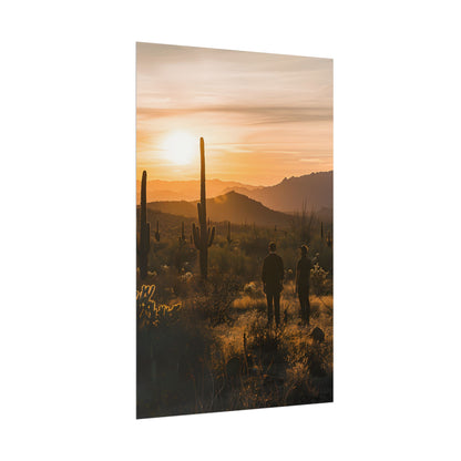 Desert Sunset Serenity: Two Friends Standing Together - Poster
