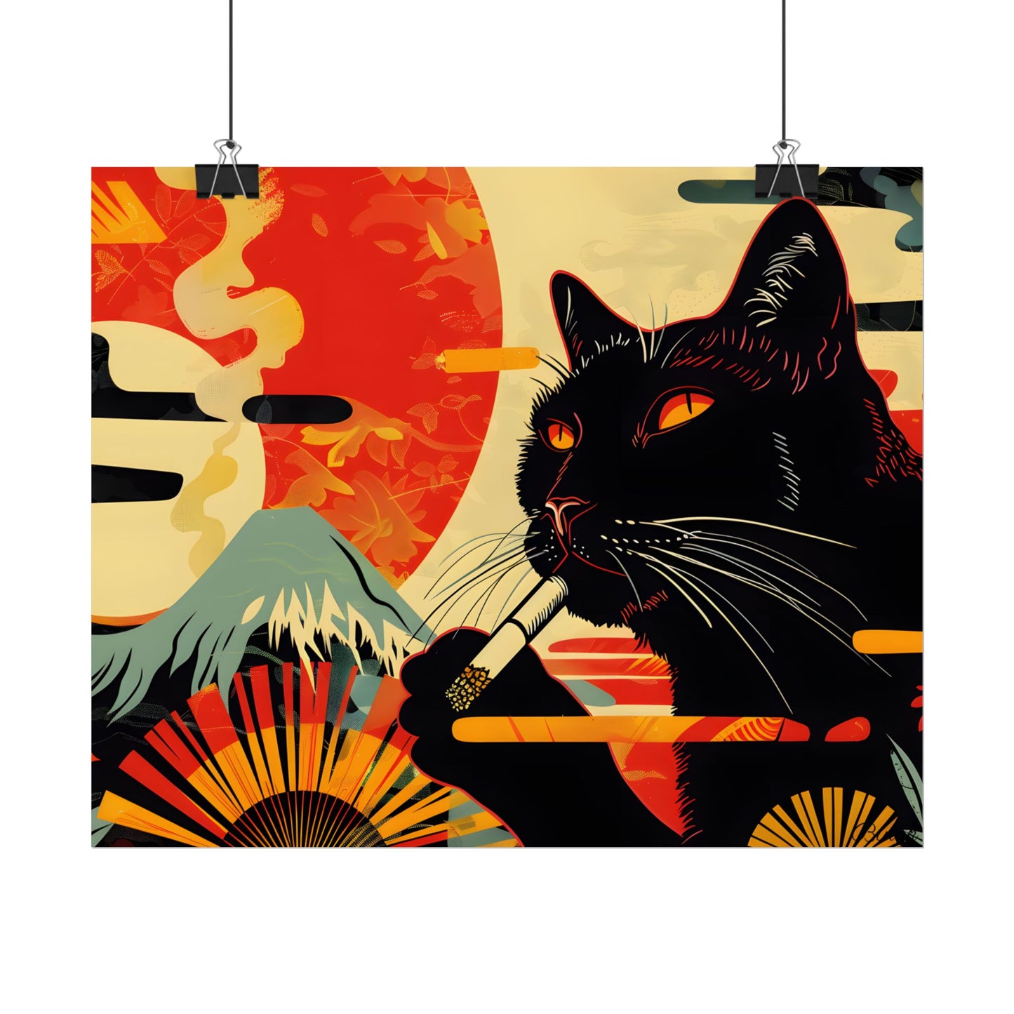 Whimsical Cat Smoking: Red & White Stripe Artwork - Poster