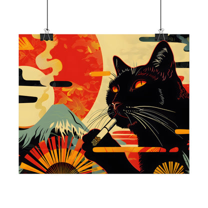Whimsical Cat Smoking: Red & White Stripe Artwork - Poster