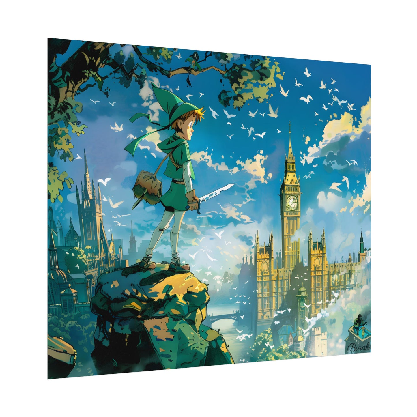 Whimsical Boy in Green: Colorful Illustration Artwork - Poster